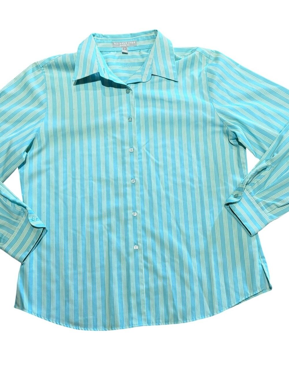Foxcroft Wrinkle Free Shaped Fit Striped Button-Up Shirt Aqua & Yellow Size 12